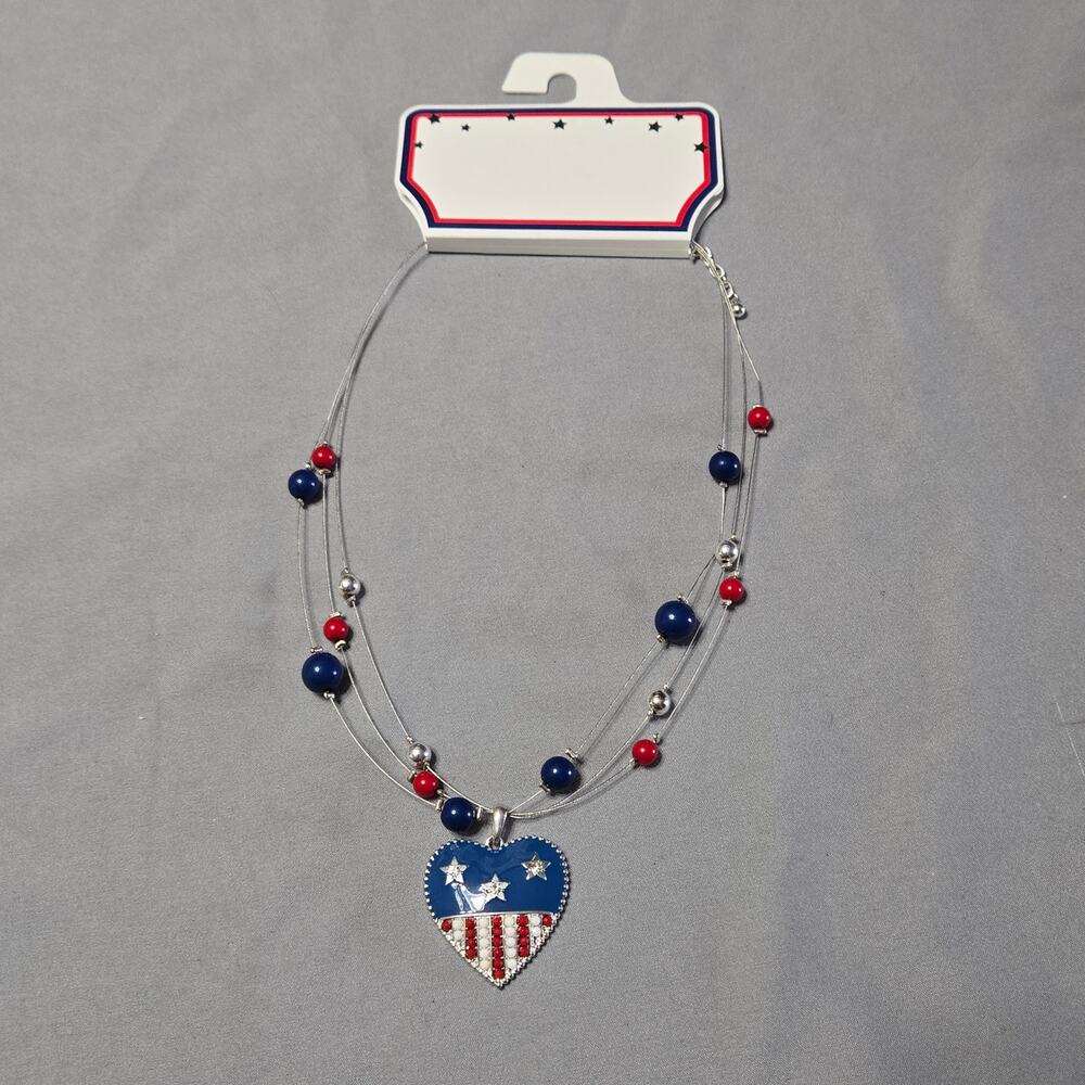 Patriotic Americana Heart Multi-Strand Beaded Necklace